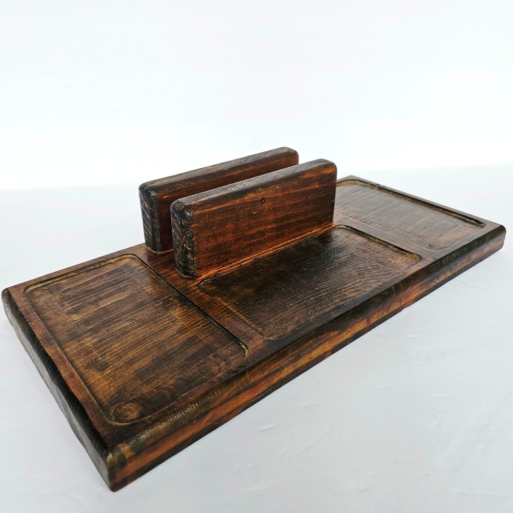 Vtg Handmade Wood Desk Organizer Mens Valet Tray Brown Rustic Farmhouse Catchall